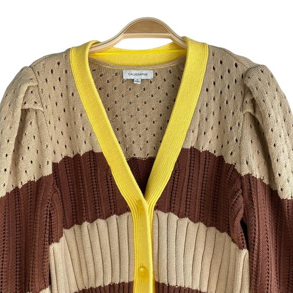Calligraphie Y2K Rugby Striped Cardigan Sweater Women XL Brown Yellow Academia - Picture 4 of 8